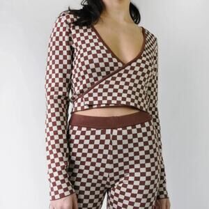 Emory Park Coppered Checkered Knit Wrap Cropped Top